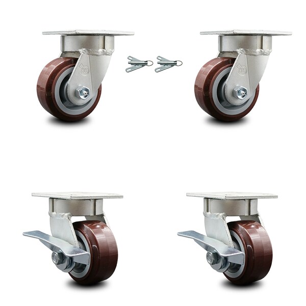 4 Inch Kingpinless Poly on Polyolefin Wheel Caster Swivel Locks 2 Brakes, 2PK